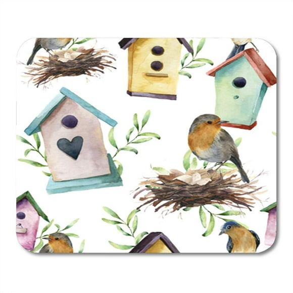 JSDART Watercolor Pattern with Bird Birdhouse Nest Eggs and Greenery Hand Mousepad Mouse Pad Mouse Mat 9x10 inch