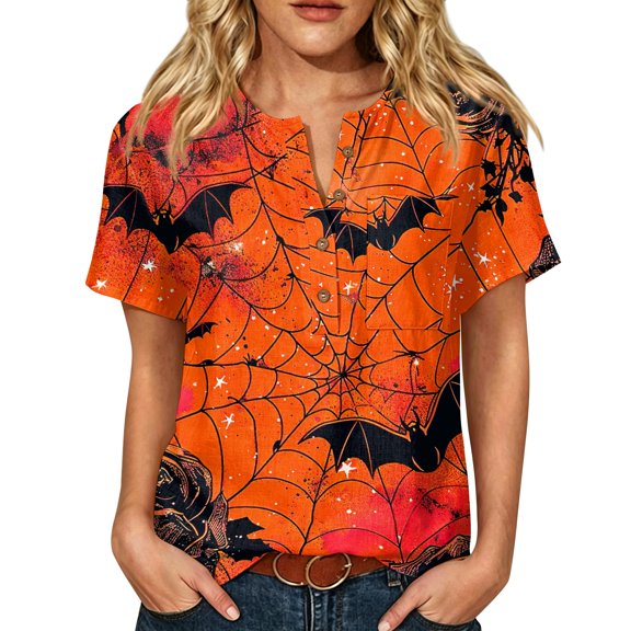 JULMCOMO Halloween Shirts for Women Cotton Linen Funny Witch Ghost Pumpkin Print Henley Casual Tunic Tops Holiday Costume Graphic Tees Saffron 3XL