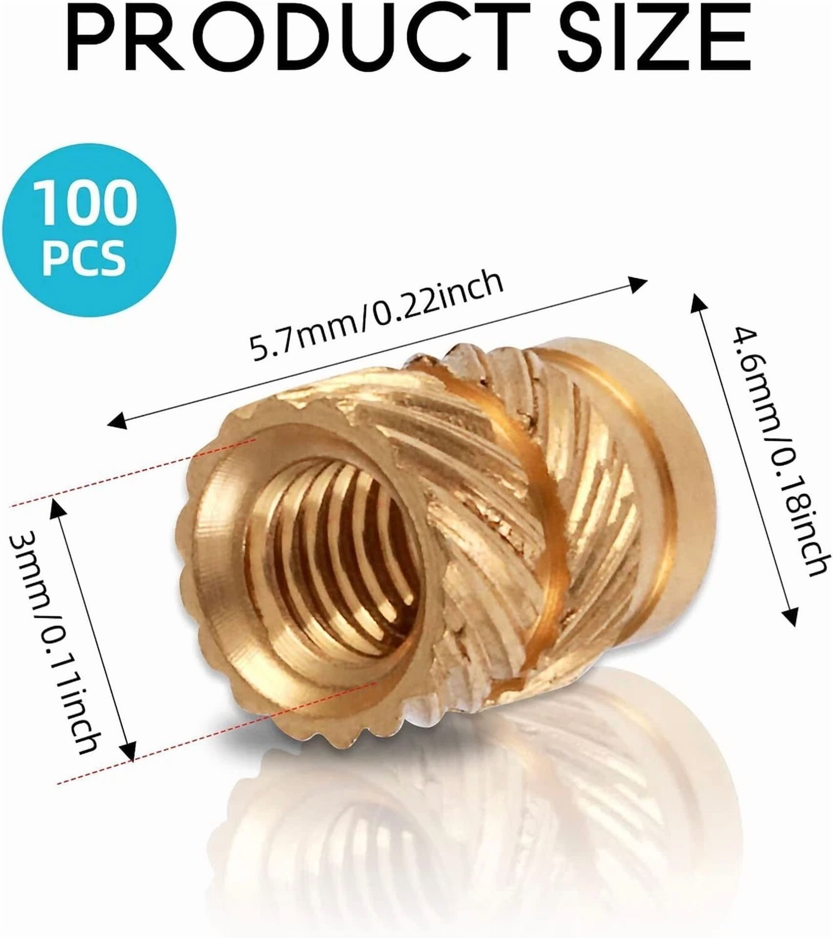 RHEA- 100 Pcs Knurled Threaded Insert Nuts,M3 Brass Heat Set For 3D Printer,Laptop