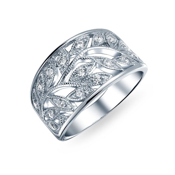 Bling Jewelry Womens Pave Cubic Zirconia Open Filigree Wide Leaves Leaf Band Ring Sterling Silver