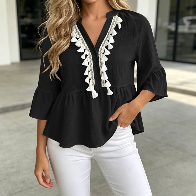 Neewe Women Classic Plain Fashion V-Neck 3/4 Sleeve Tops Casual Loose Basic T Shirt Daily Outfits