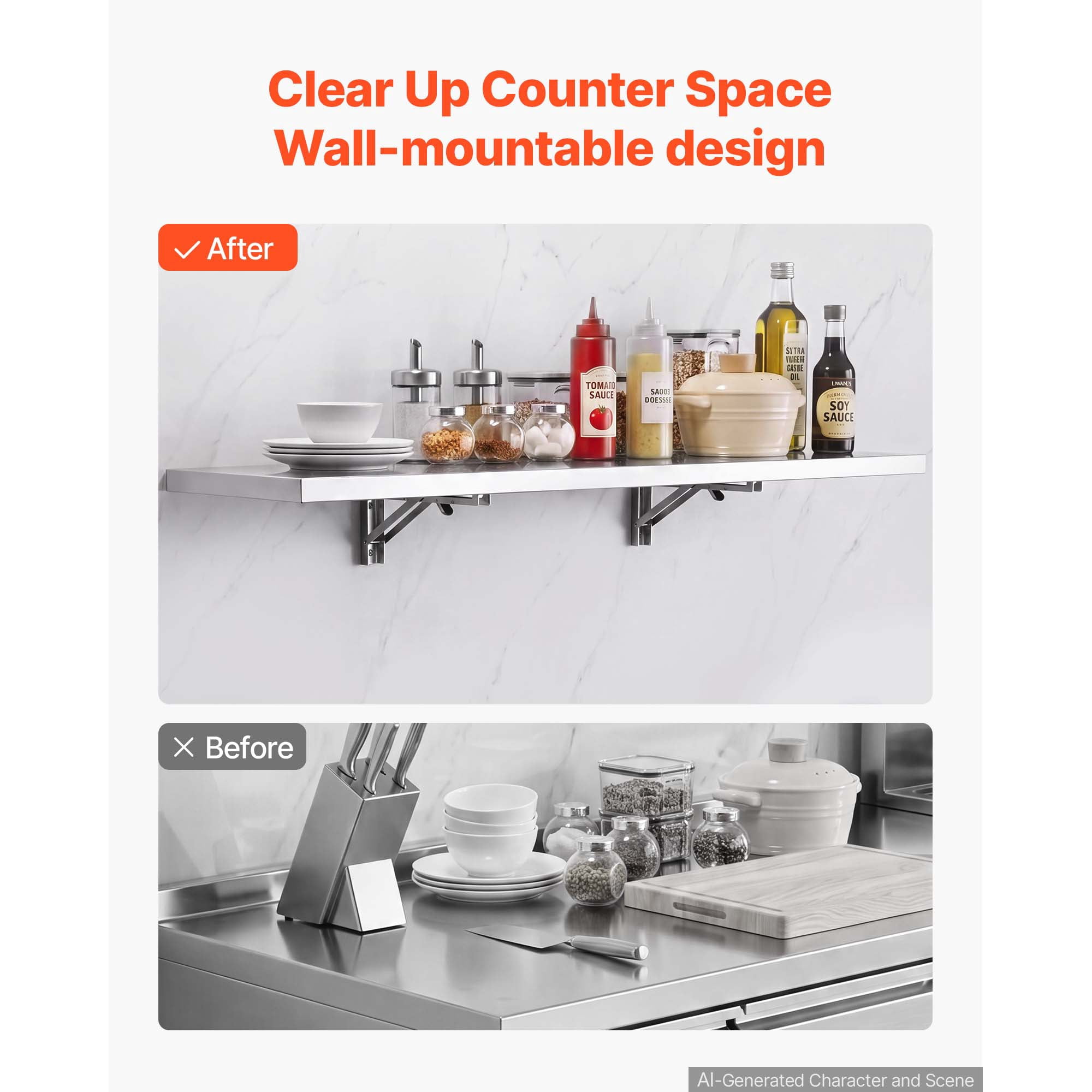 KFFKFF Stainless Steel Wall Shelf 12" x 48" Foldable Design, Durable Floating Shelf with Brackets, 300 lbs Load Capacity, Easy Maintenance, Ideal for Kitchens, Restaurants, and Garages