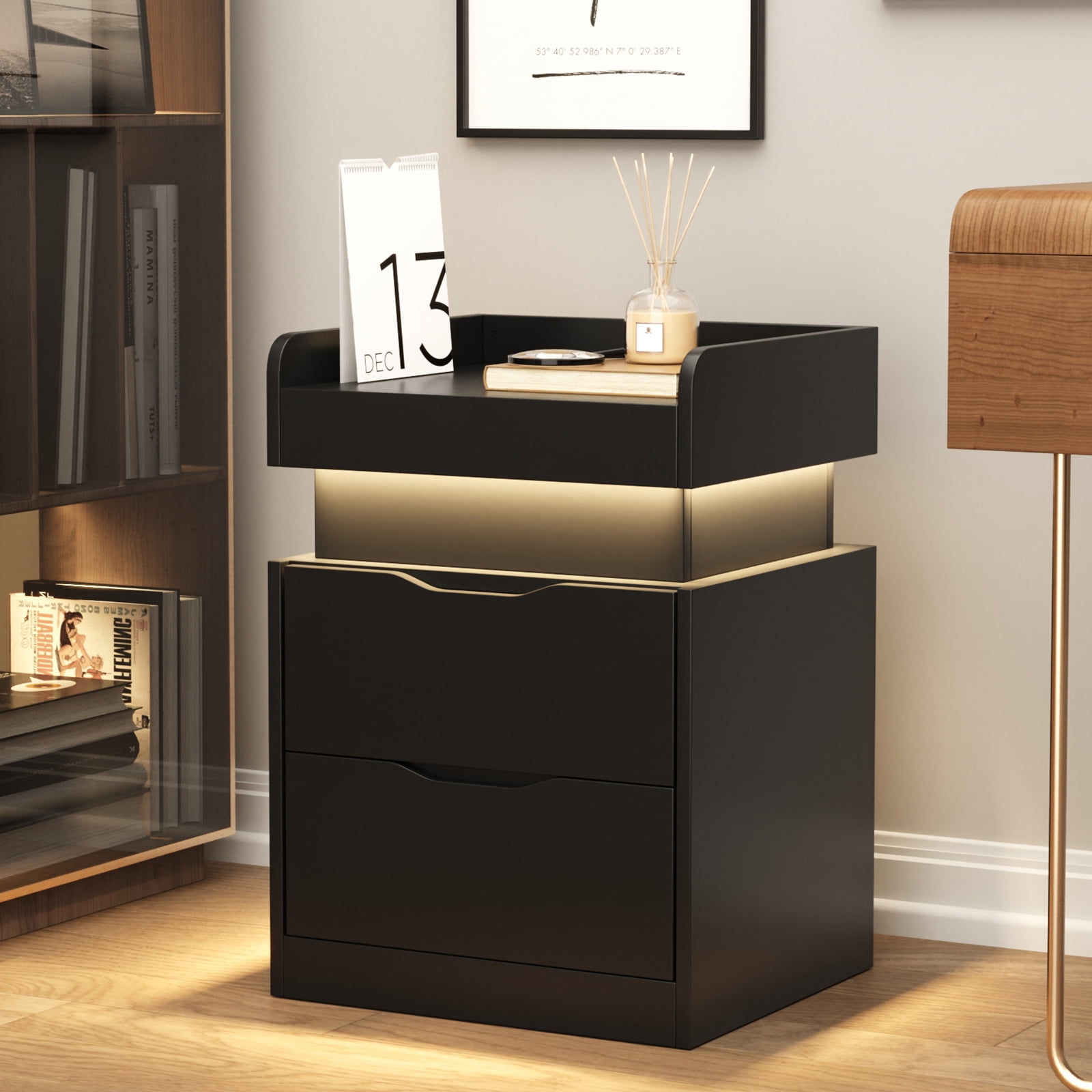 IDEALSOUL Black Nightstand Set of 2 with Charging Station, LED Nightstand with 3 Hidden Drawer, Modern Bedside Table End Side Table Nightstands for Bedroom Living Room