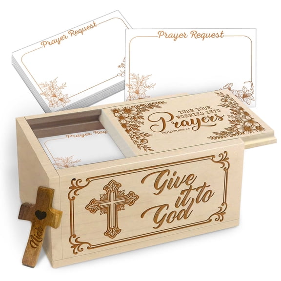 Personalized Wooden Prayer Box Give It to God, Custom Name Maple Wood Faith Keepsake Box with 100 Blank Prayer Cards and Handheld Wooden Cross, Inspirational Christian Gift