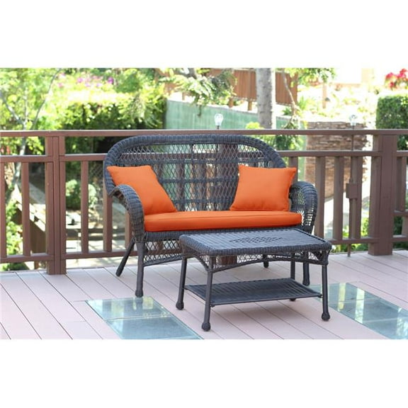 Santa Maria Espresso Wicker Patio Love Seat & Coffee Table Set - Orange Cushion