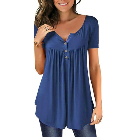 LAPA Womens Henley V-Neck Casual Blouse Pleated Button Tunic Shirt Top