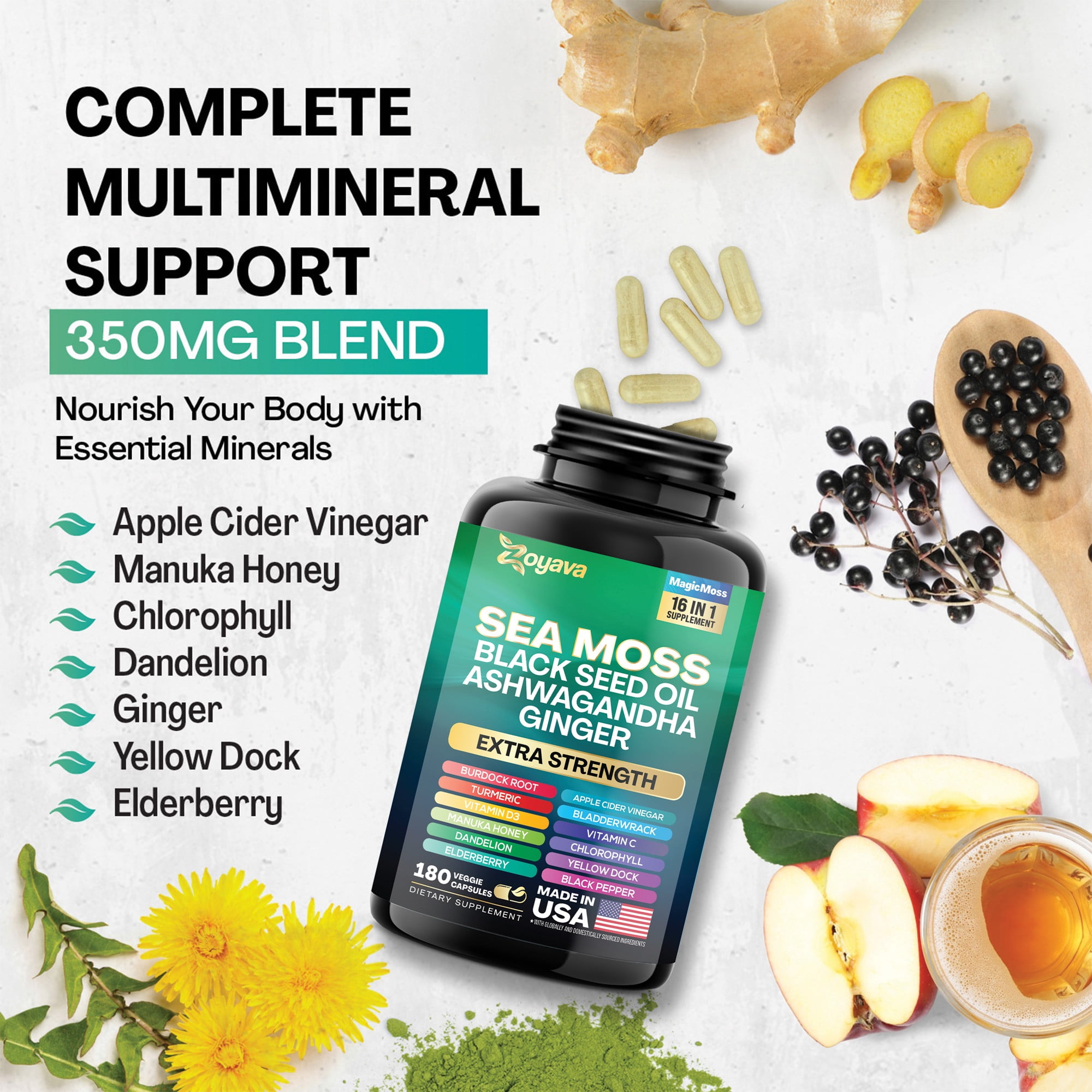 Zoyava Sea Moss Blend, 19,445 MG All-in-One Formula with over 15+ Super Ingredients, Extra Strength & High Potency (180 Capsules)