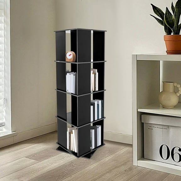 Black Bookcase Storage Shelf 360° Rotating Bookshelf Freestanding Display Rack 15.75*15.75*50in
