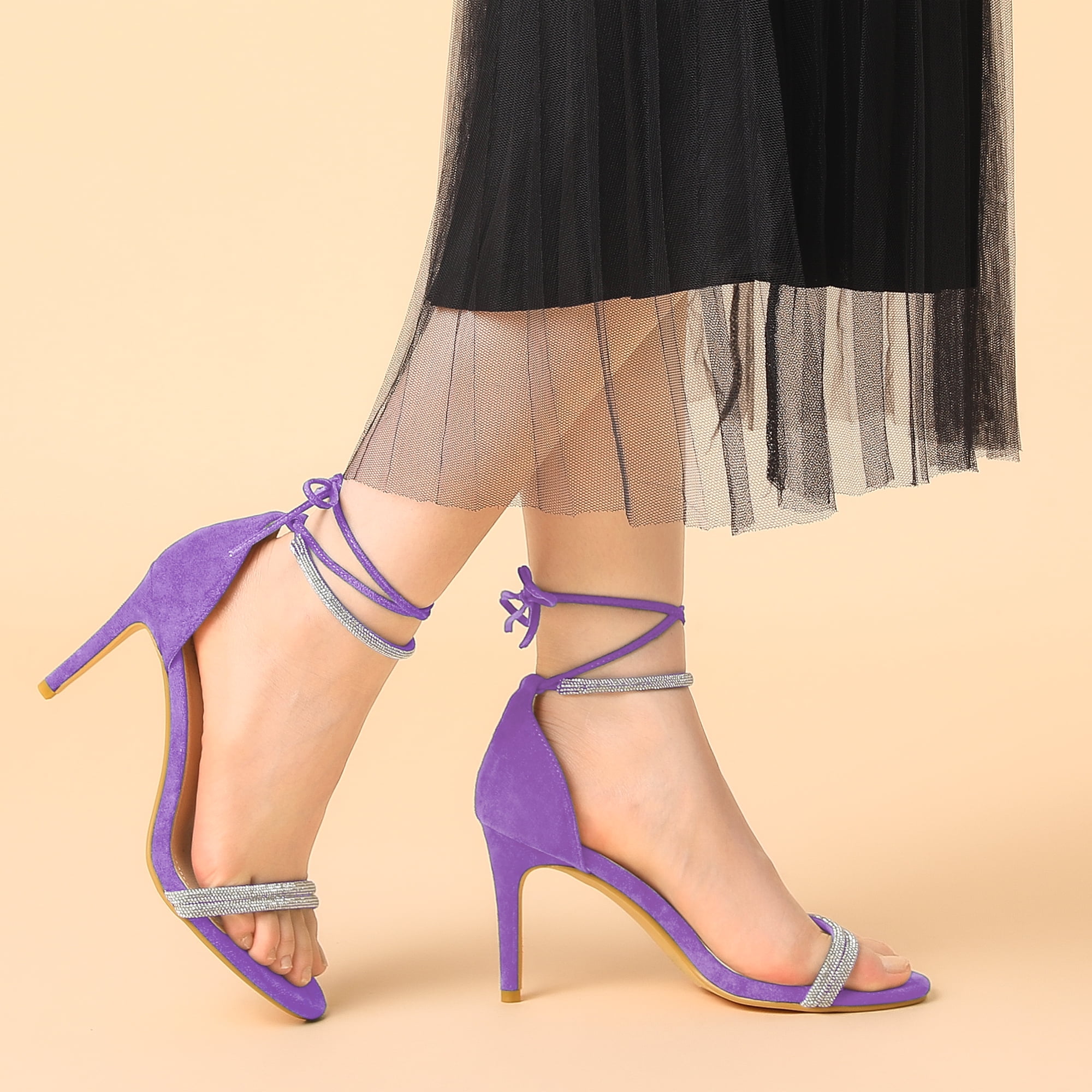 DARING DIVA Women's Rhinestone Ankle Tie Stiletto Heels Sandals Purple 8