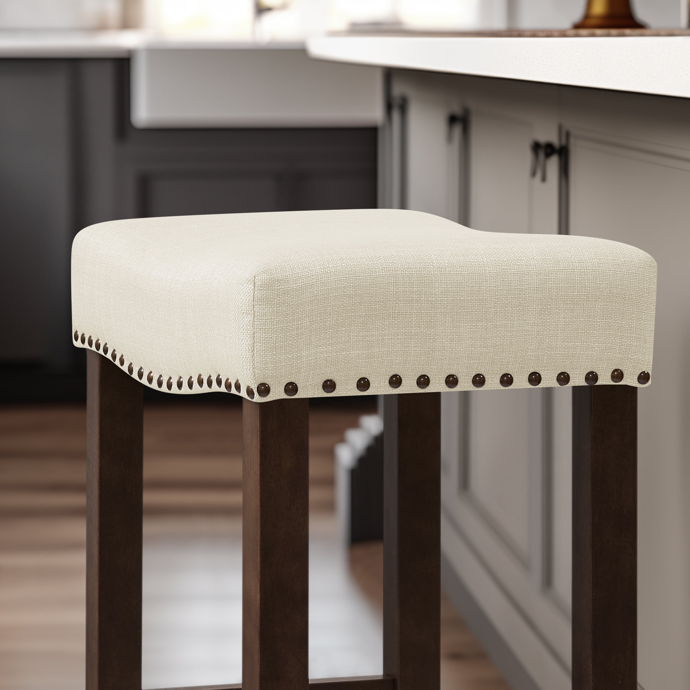 Subrtex 29" Backless Saddle Bar Stool, Wood Upholstered Counter Stool for Kitchen, Set of 2, Ivory