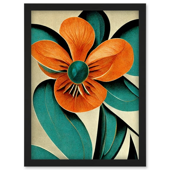 Metropolis Art Deco Poppy Flower Teal Orange Cream Artwork Framed Wall Art Print A4