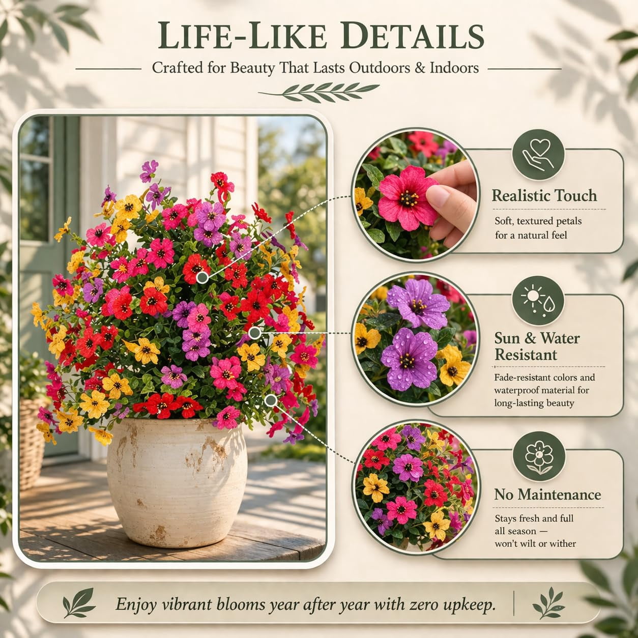 Artificial Petunias with Ground Stake, 22 Inch Artificial Flowers for Outdoors Stick in Ground, Lifelike Faux Flowers for Garden, Yard, Planter, Porch, Indoor Outdoor Home Decor