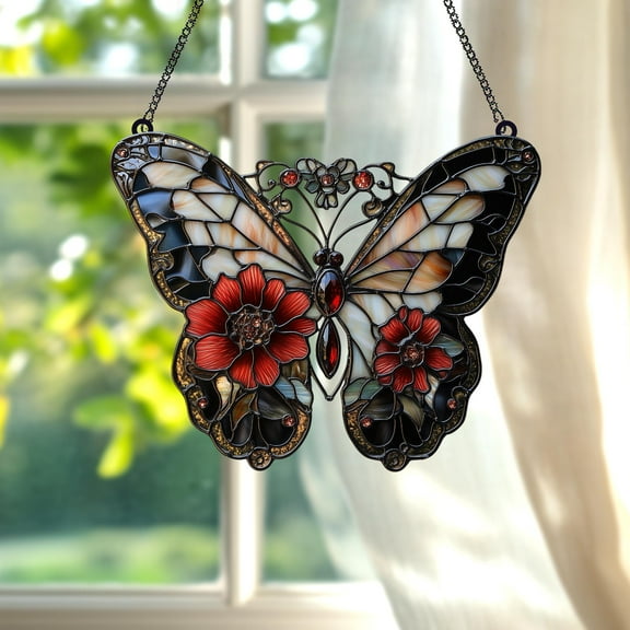 Bohemian Butterfly With Red Flowers Acrylic Suncatcher Elegant Faux Stained Glass Window Hanging Gift For Butterfly Lovers