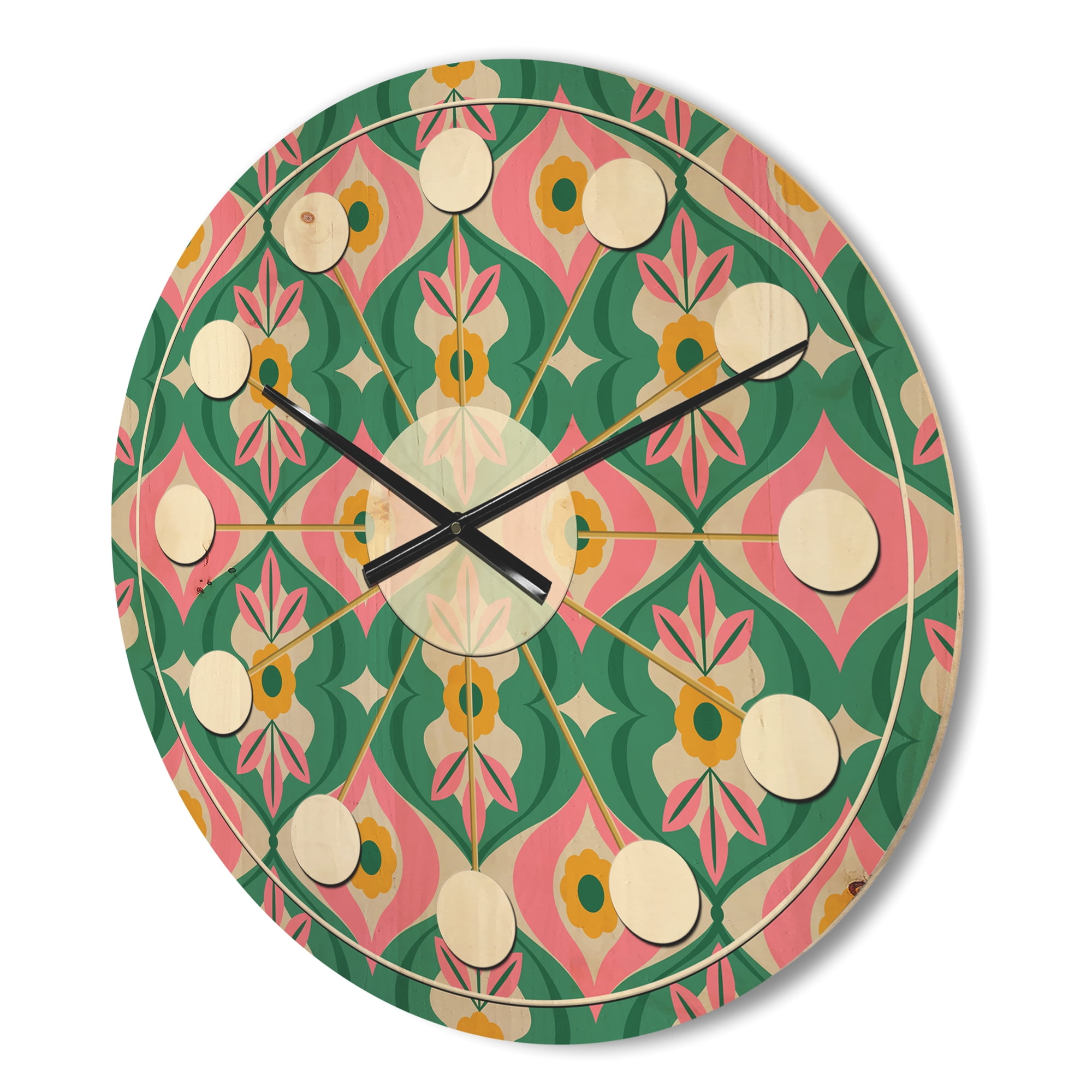 Designart 'Flowers and Leaves With Retro Pattern' Mid-Century Modern Wood Wall Clock