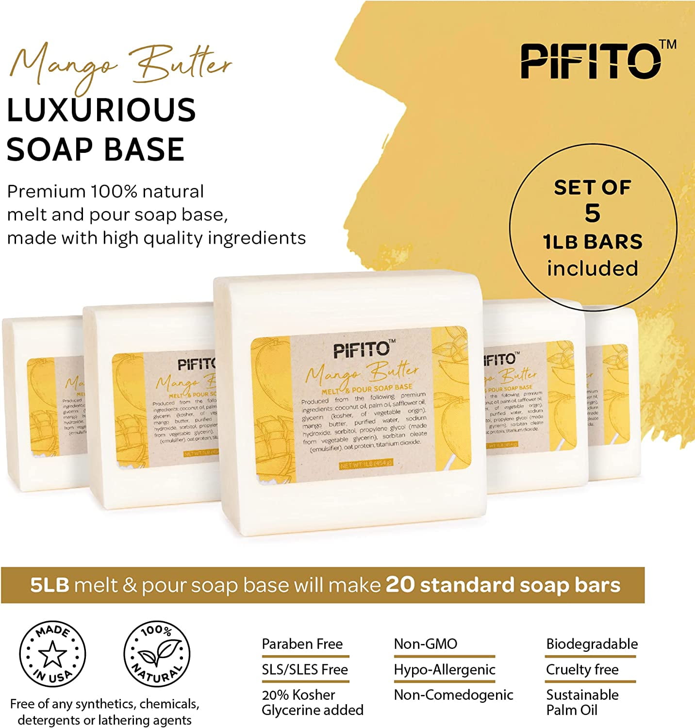 Pifito Mango Butter Melt and Pour Soap Base (5 lb) │ Bulk Premium 100% Natural Glycerin Soap Base │ Luxurious Soap Making Supplies