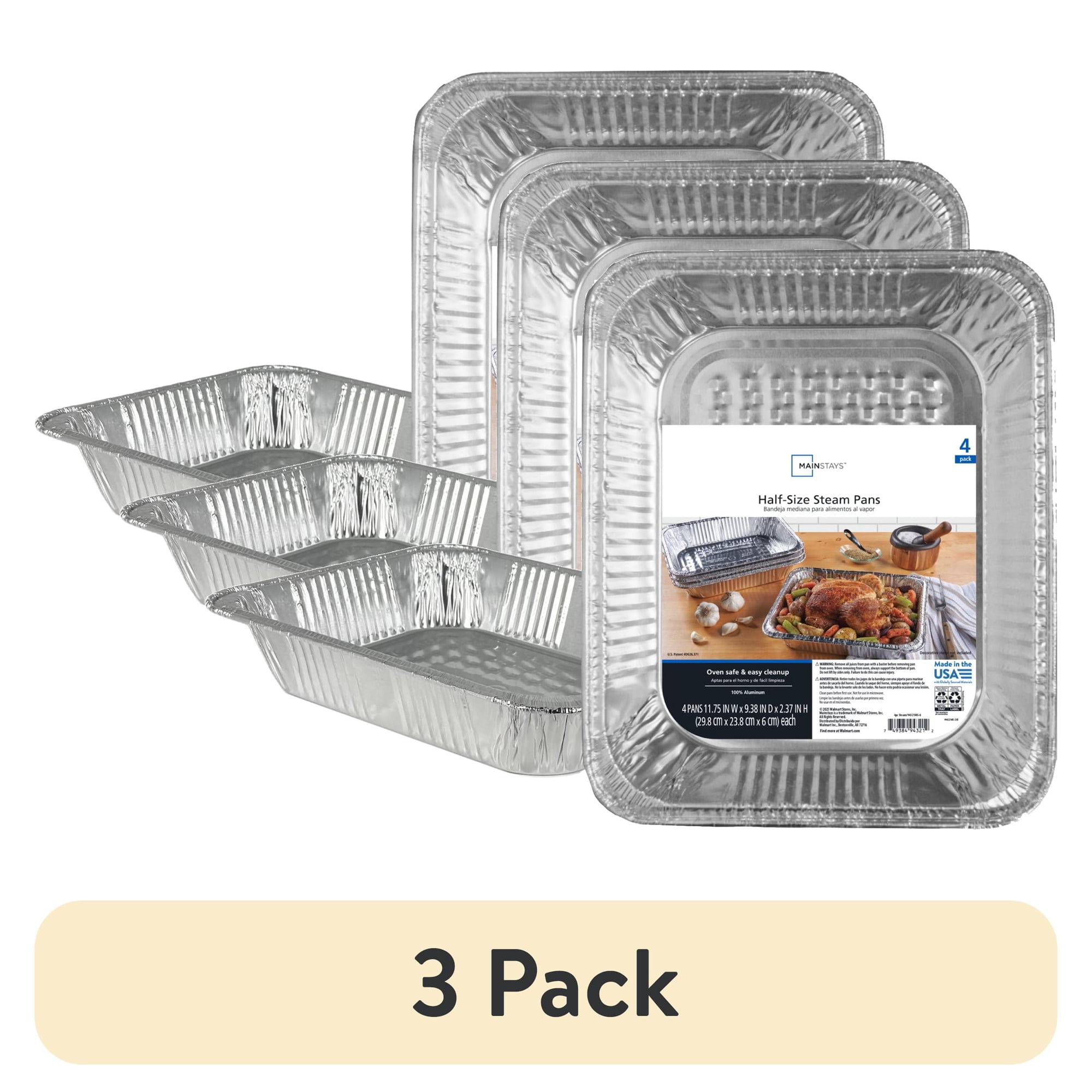 (3 pack) Mainstays Aluminum Half Steam Table Pans, Disposable, 4 Count