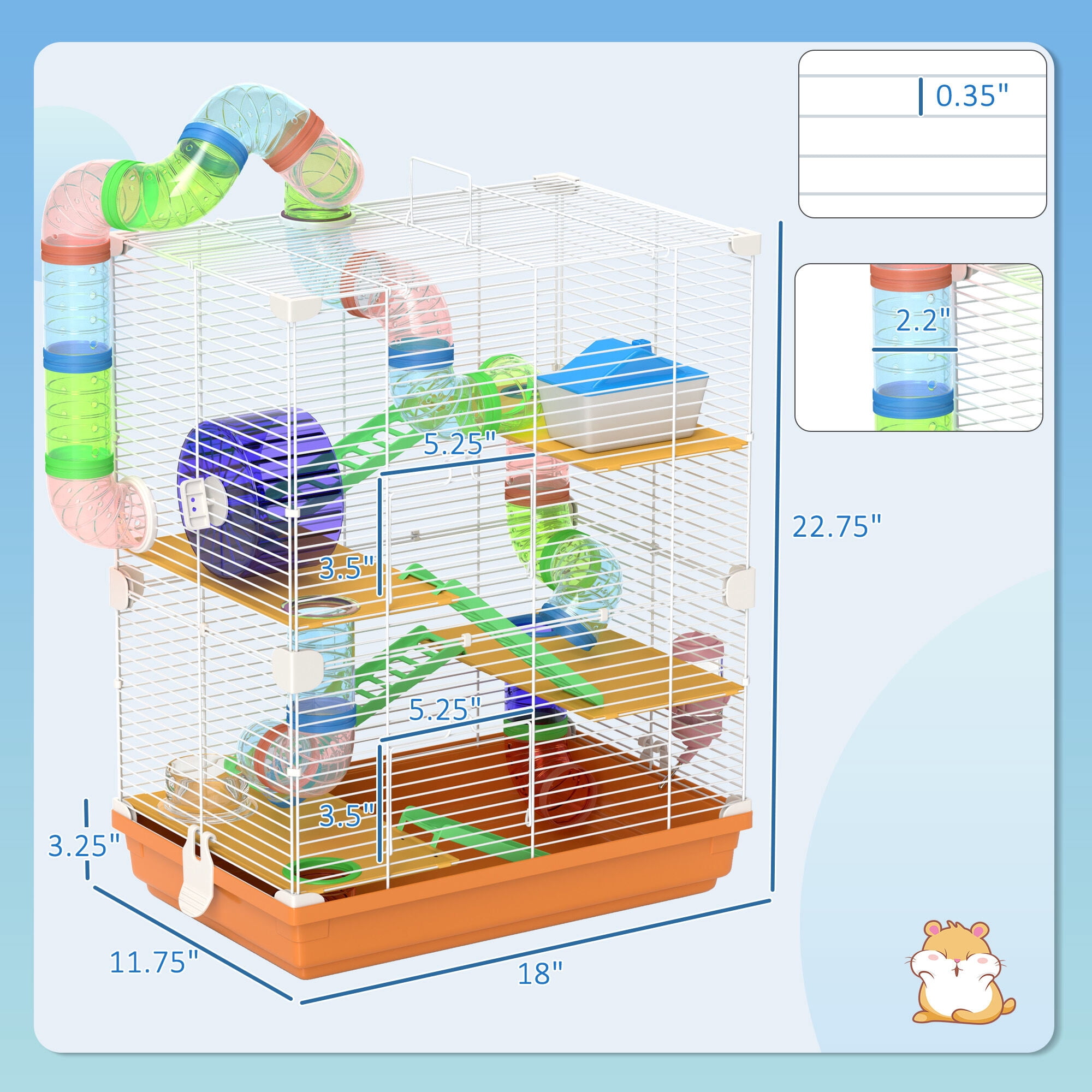 Dog Crate, PawHut 18" 5 Tier Hamster Cage with Tubes and Tunnels, Small Animal Cage with Portable Carry Handle, Gerbil Cage with Water Bottle, Food Dish, Exercise Wheel, Orange, Orange Pet Playpen