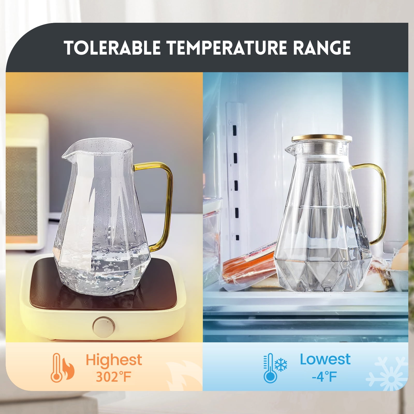 2000ml BPA-Free Water Pitcher with Gold Diamond Pattern Lid, Lead-Free Plastic Water Dispenser Safe for Dishwasher, Temperature Resistant from -4°F to 302°F (Clear)