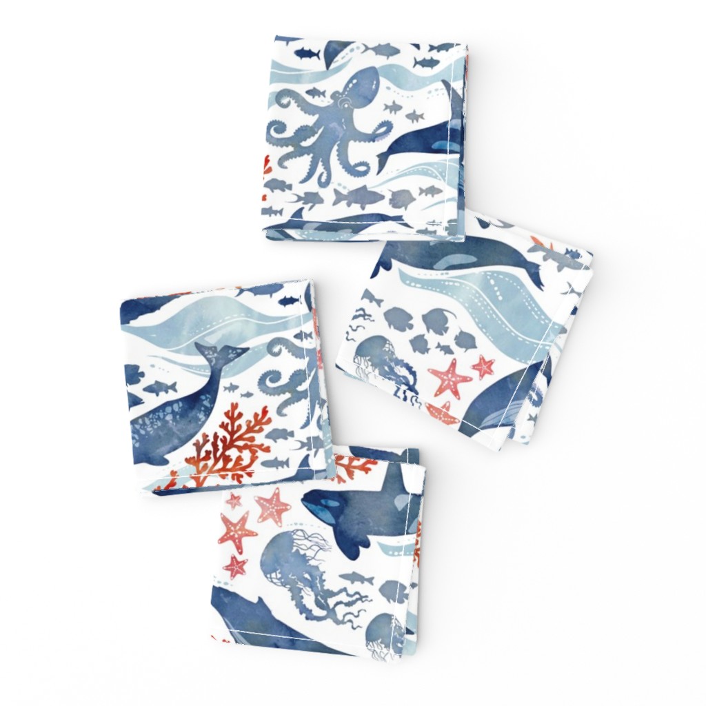 Cocktail Napkins Nautical Animals Watercolor Ocean Sea Coral Reef Set