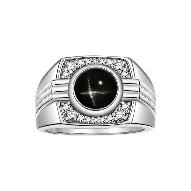 RYLOS Mens Rings 14K White Gold Designer Round Gemstone & Sparkling Diamond Ring Black Star Sapphire March Birthstone Rings For Men, Men's Rings, Gold Rings Sizes 8 - 13