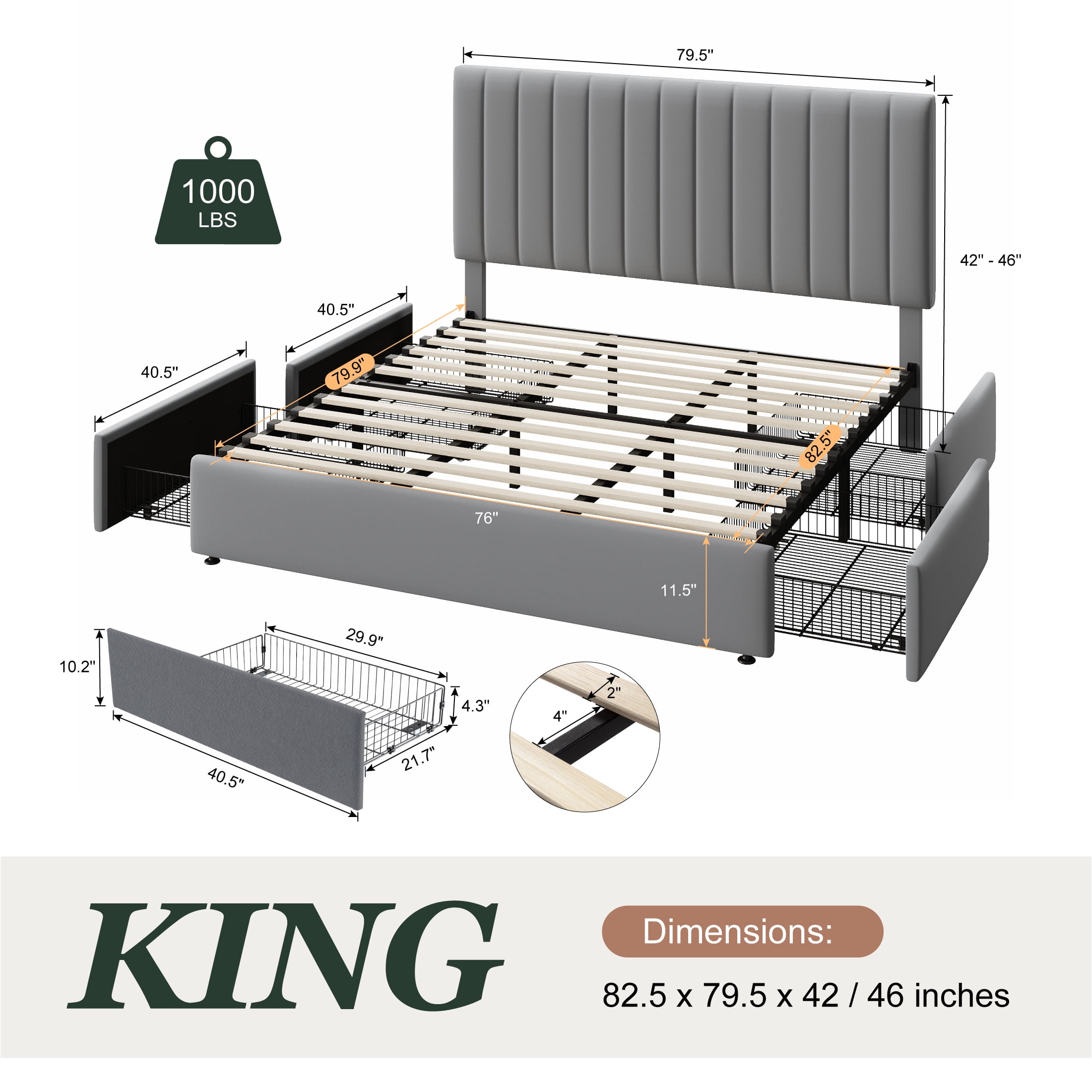 Amolife King Bed Frame with Adjustable Velvet-Wrapped Headboard and 4 Storage Drawers, No Box Spring Required, Gray
