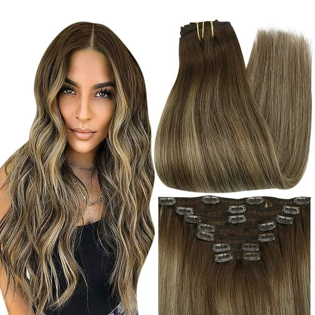 Full Shine Real Hair Extensions Clip in Human Hair Ombre 14 inch 7 Pcs  Highlighted Double Weft Clip in Extensions 