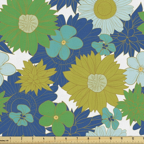 Floral Fabric by the Yard, Exotic Flowers in Natural Tones Cold Colors Repetitive Design on Plain Backdrop, Upholstery Fabric for Dining Chairs Home Decor Accents, Multicolor by Ambesonne