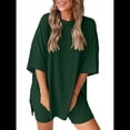 thumbnail image 2 of Traje Casual de Dos Piezas para Mujer, Camisa Holgada de Verano, Pantalones Cortos de Ciclismo, Ropa de Viaje para el Aeropuerto. Verde Oscuro L, 2 of 8
