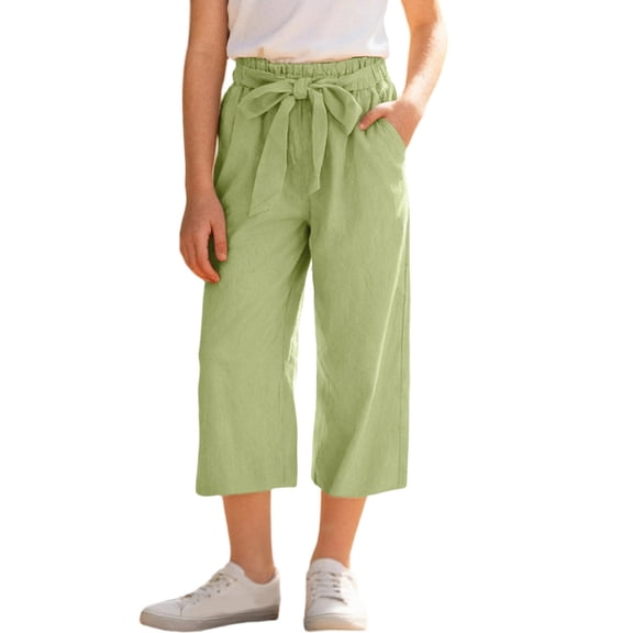 OGLCCG Capri Pants for Girls Summer High Waist Wide Leg Cropped Palazzo Pants Trendy Loose Fit Casual Beach Trousers with Pockets 4-14 Years