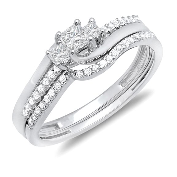 Dazzlingrock Collection 0.50 Carat (ctw) 10k Princess & Round Diamond 3 Stone Ladies Bridal Ring 1/2 CT, White Gold, Size 9
