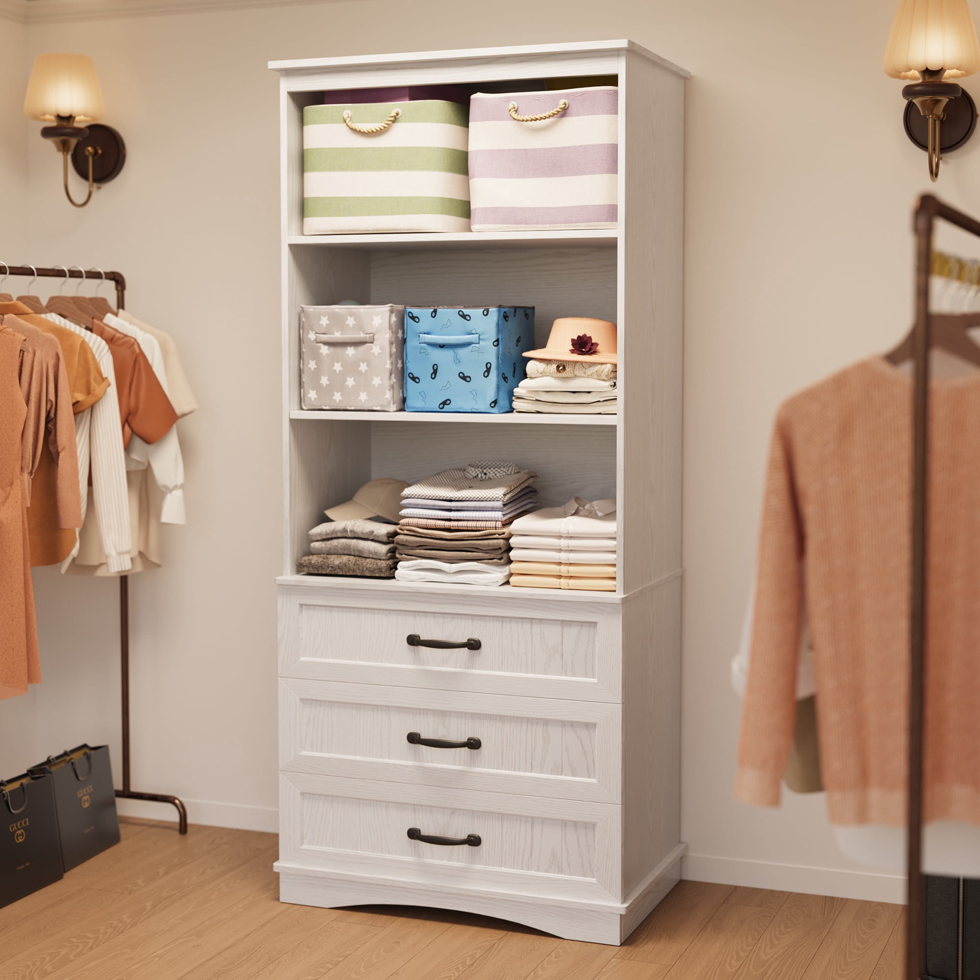 Asofer 69.7" Tall White Bookcase with 3 Drawers, Storage Cabinet for Office, Living Room, Bedroom