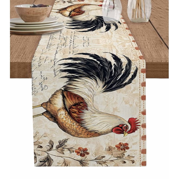 Vintage Rooster Burlap Cotton Table Runner 13x48 Inches Long, Watercolor Spring Floral Farmhouse Animals Farmhouse Table Runners, Outdoor Dining Tablecloths Decor for Baby Shower/Party/Wedding
