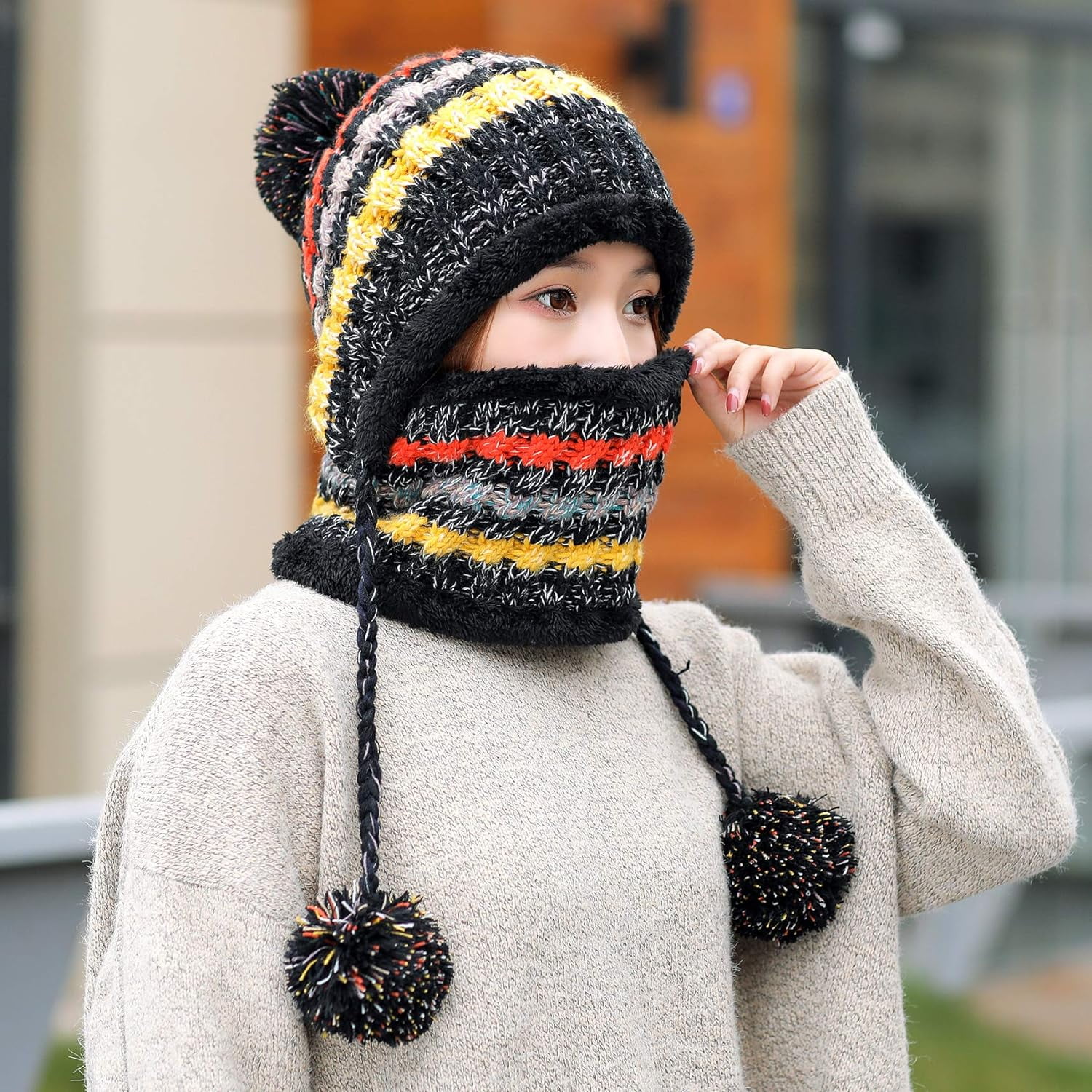Zhengup Women Winter Beanie Hat Circle Scarf Set Pompoms Peruvian Ski Snow Ear Flaps Sherpa Knit Hats Fleece Lined,S to M Size Head