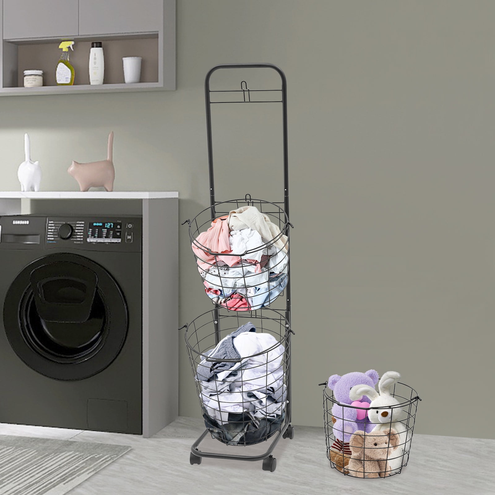 3 Tier Modern Rolling Laundry Hamper with 3 Removable Wire Basket & 4 Universal Wheels Black 10.4*13*48.4