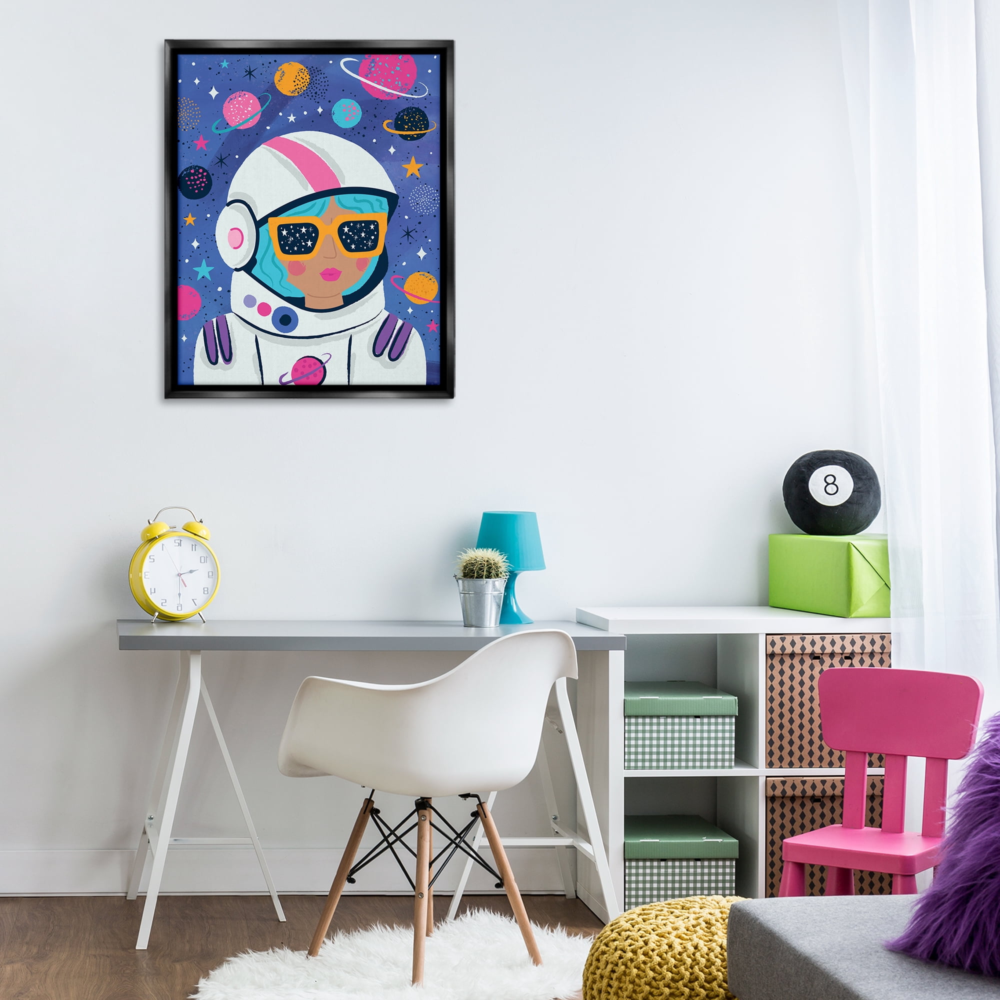Stupell Industries Astronaut Gal in Space Astrology & Stars Painting Black Floater Framed Canvas Art Print Wall Art, 25 x 31