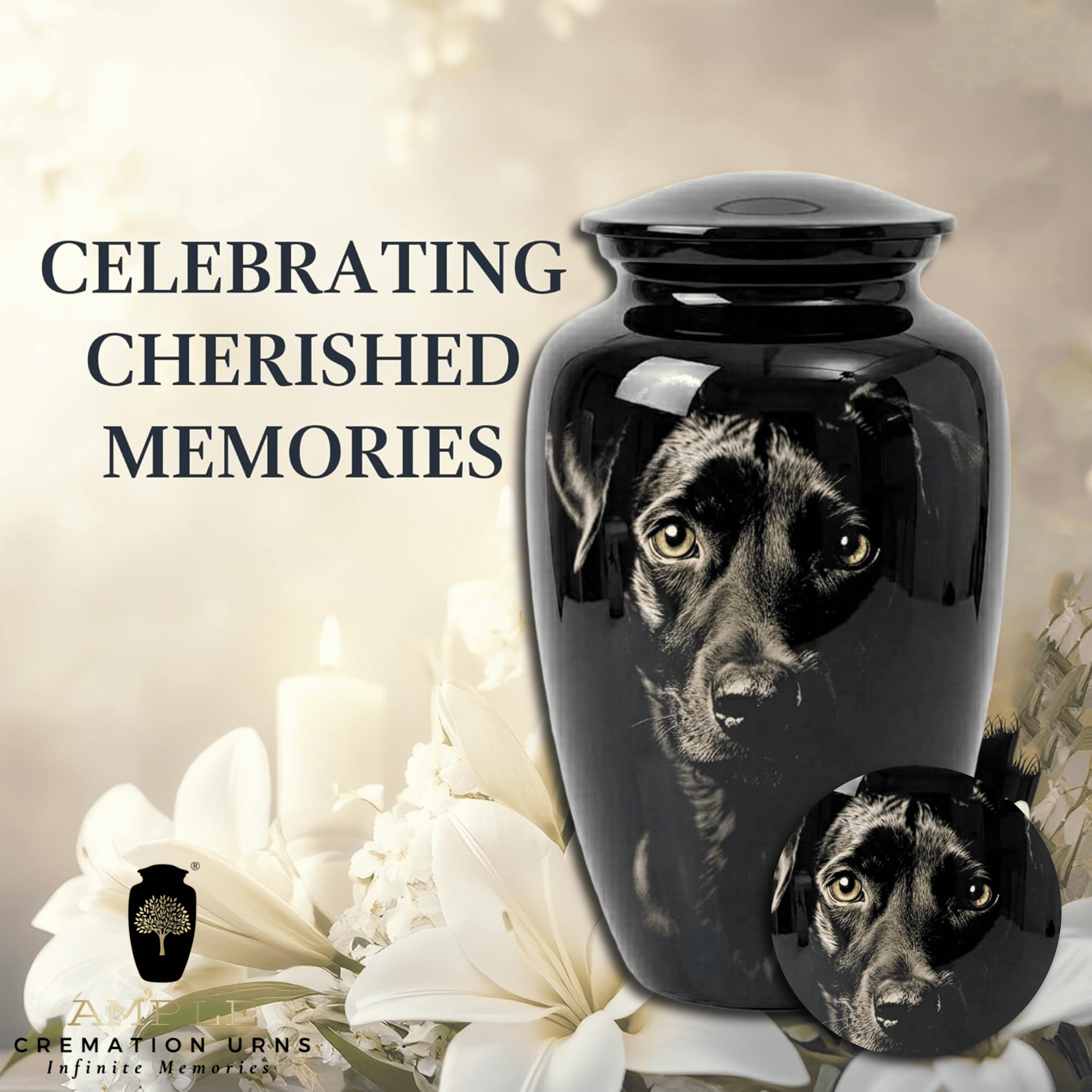 Black Dog Cremation Urn for Pet Ashes – Glossy Aluminum Memorial Urn Realistic Portrait