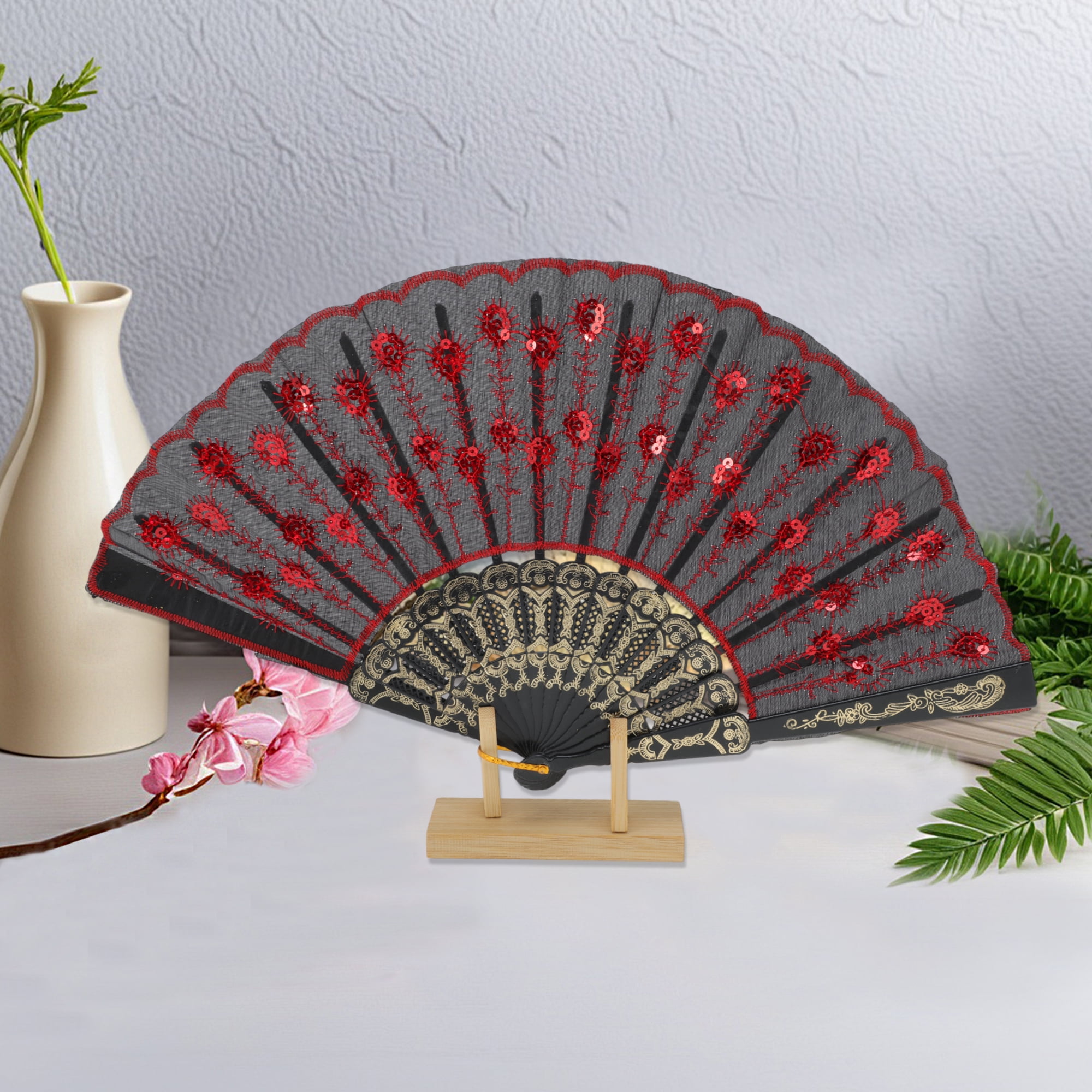 Unique Bargains Beautiful Sequins Folding Fan 1 Pc Red