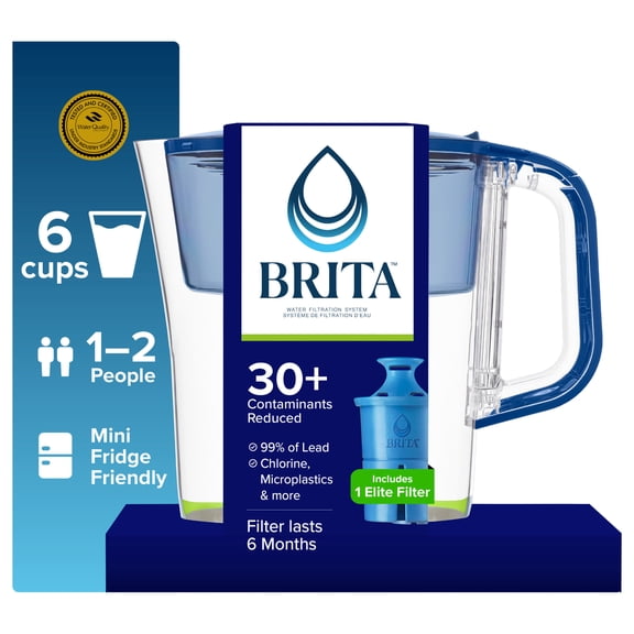 Brita 6 Cup Small Plastic Water Filter Pitcher, Mazarine, Blue, BPA Free with 1 Brita Elite Filter
