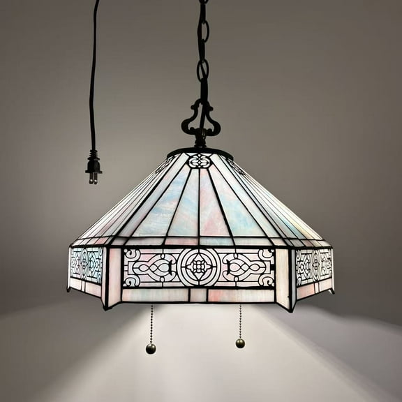 Tiffany Pendant Lights Plug In Pink Blue Stained Glass Hexagon LED Bulb Included for Dining Room 16"W*16"D*75"H