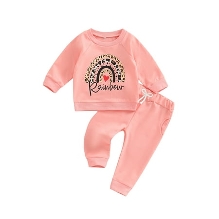 

wybzd Baby Girl Fall Clothes Long Sleeve Sweatshirts Tops and Pants Set 2 Piece Toddler Girl Rainbow Outfits Pink 18-24 Months