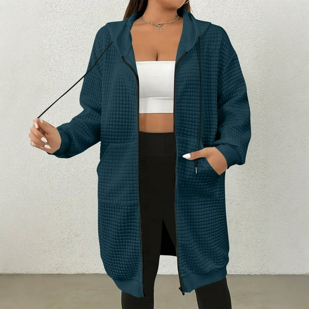 HongQid Women's Zip Up Hoodies Long Sleeve Long Tunic Sweatshirts Oversized Casual Waffle Fall Jacket Coat with Pocket