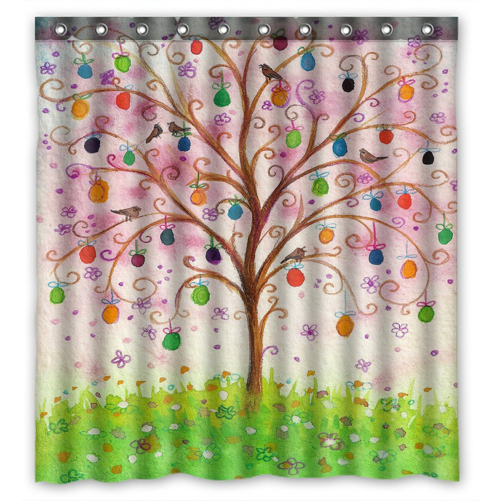 PHFZK Tree of Life Shower Curtain, Happy Easter Tree with Eggs and