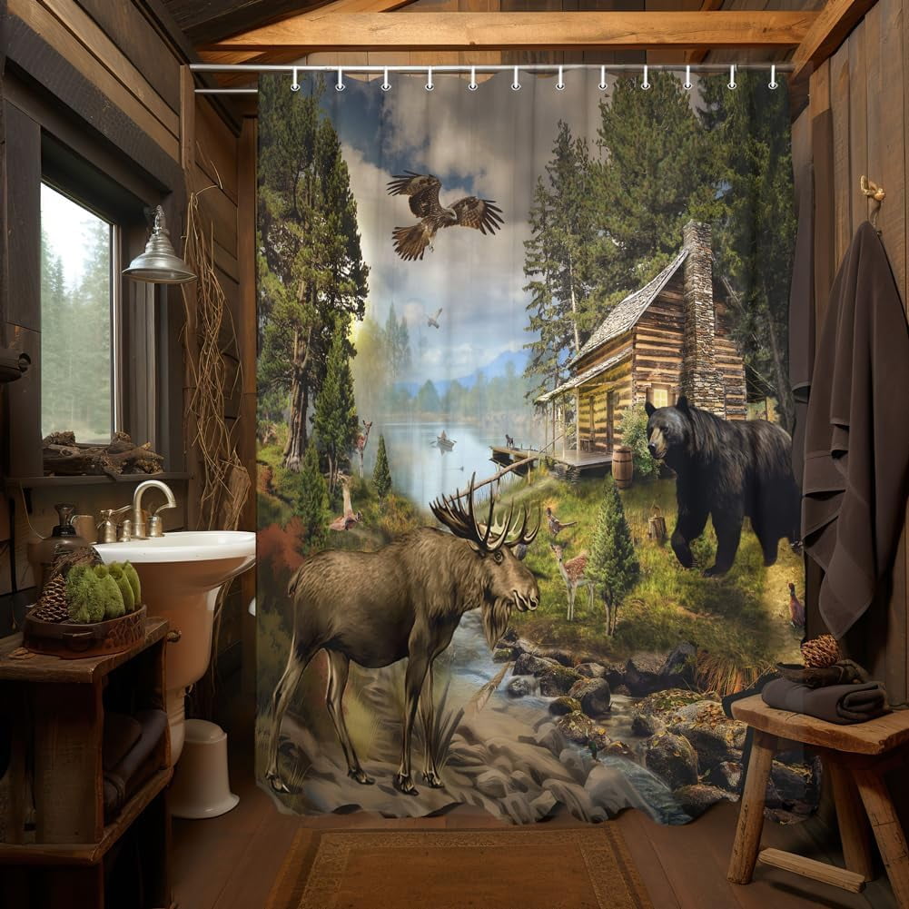 Rustic Cabin Shower Curtain, Country Cabin Lodge Lake Woodland Funny Bear Moose Deer RV Farmhouse Bathroom Curtains Decoration, Polyester Fabric Hunting Camp Forest Bathroom Accessories, 69X75in