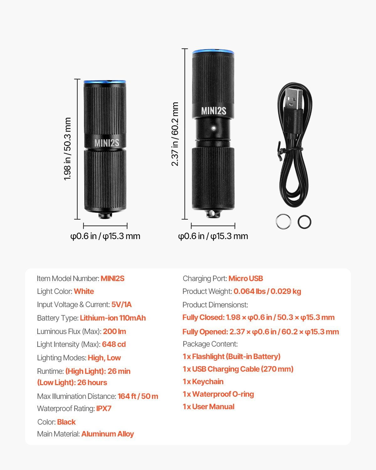 200 Lumen Mini Flashlight Keychain, USB Rechargeable, IPX7 Waterproof, Compact & Bright