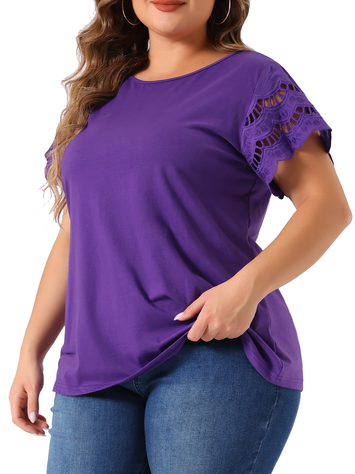 DARING DIVA Women's Plus Size Round Neck Lace Panel Blouses 4X Purple