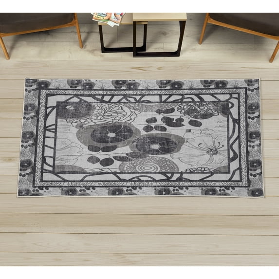 Floral Decorative Rug, Soft Toned Blossoming Poppy Flowers Leafy Branches and Line Art Deer Grayscale Print, Quality Carpet for Bedroom Dorm and Living Room, 6 Sizes, Grey, by Ambesonne