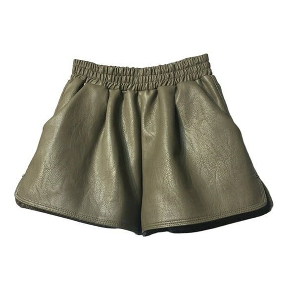 GYRATEDREAM Toddler Baby Girls PU Leather Shorts Kids Elastic High Waist Fashion Wide Leg Mini Skirts with Pockets Children Fall Winter Clothes Green for 2-14Y