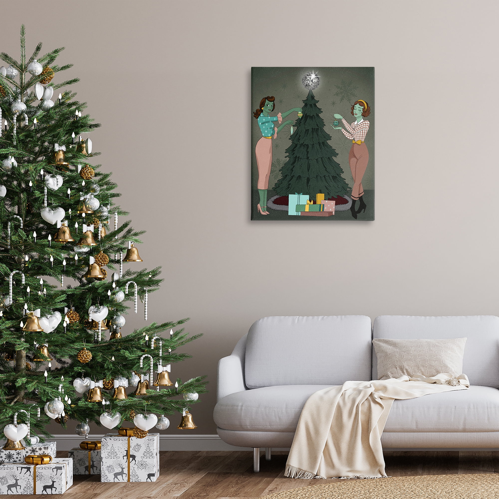 Stupell Industries Girls & Christmas Tree Holiday Painting Gallery Wrapped Canvas Art Print Wall Art, 30 x 40