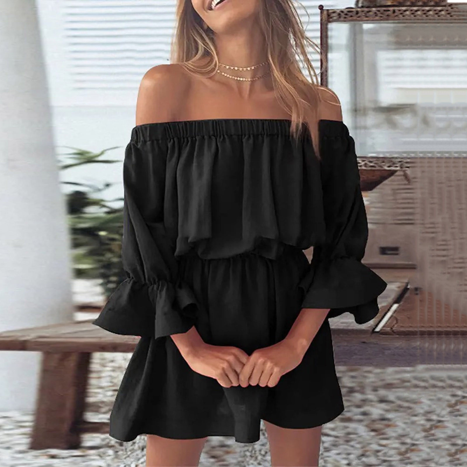Womens Dresses Clearance under $20 Stylish Women'S Summer Sexy Casual Off  Shoulder Bell Sleeve Solid And Printed Dresses Black M A18043 - Walmart.com