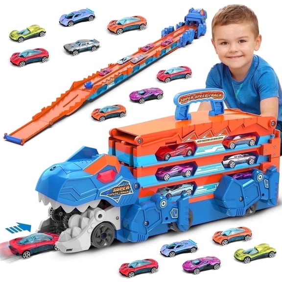 Vatos Dinosaur Transport Truck Car Toy with Sound, 8 Mini Cars Storage Carrier Vehicle Playset for Kids Ages 3-5